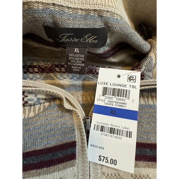 NWT Tasso Elba Men’s XL Cashmere Silk Blend Sweater Tan Striped Pullover Soft - Picture 4 of 5